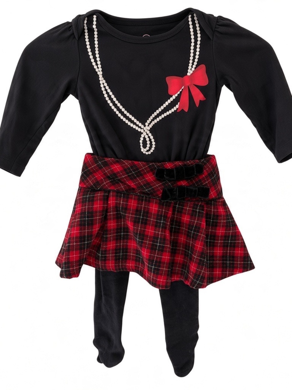 The Children's Place Black Top with Red Plaid Skirt and Attached Leggings